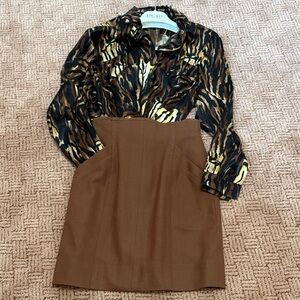 ESCADA size (34) small- Like new silk Animal Print Blouse and Brown Skirt Set.